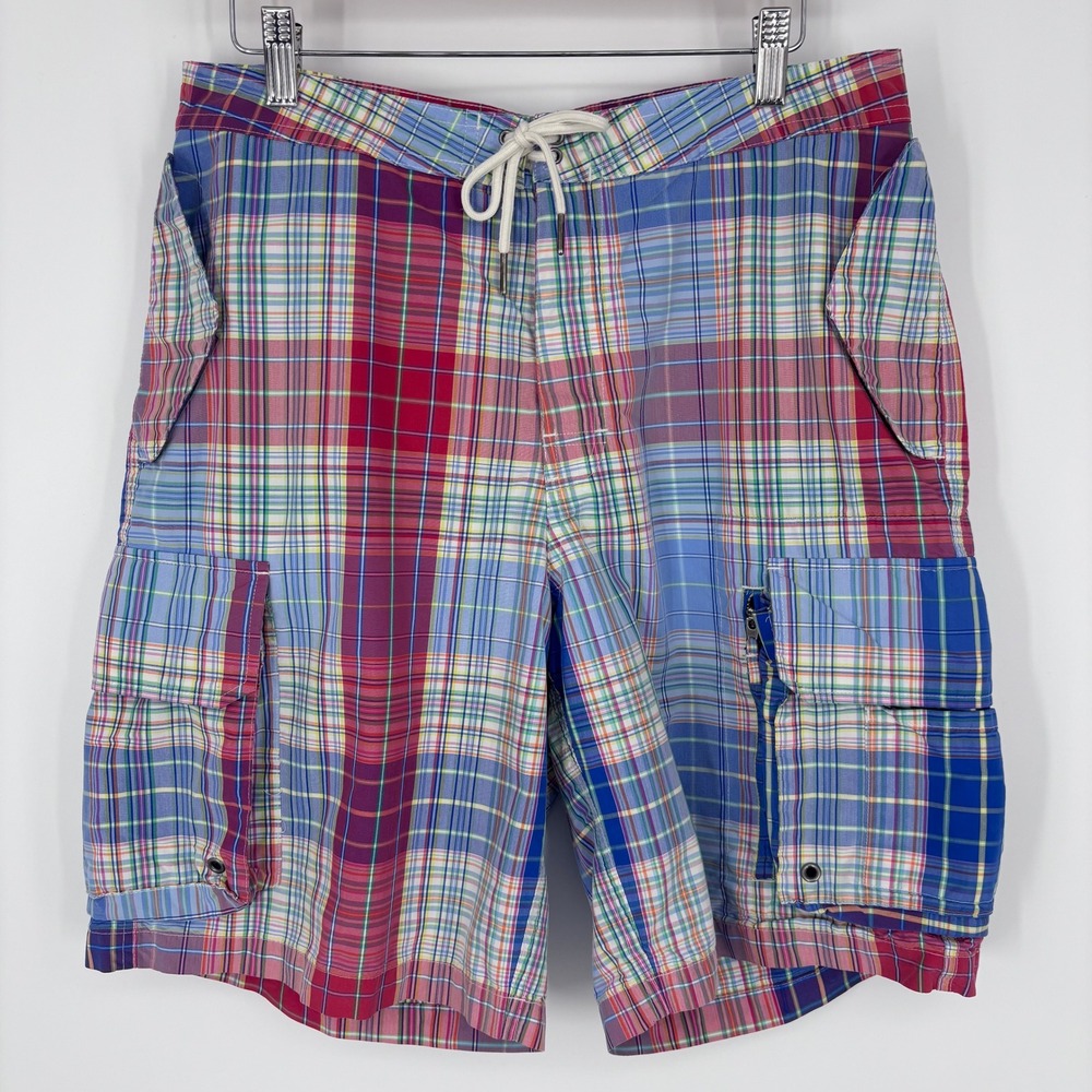 Polo Ralph Lauren Board Shorts Men XL Multicolor Madras Plaid Cargo Unlined Swim